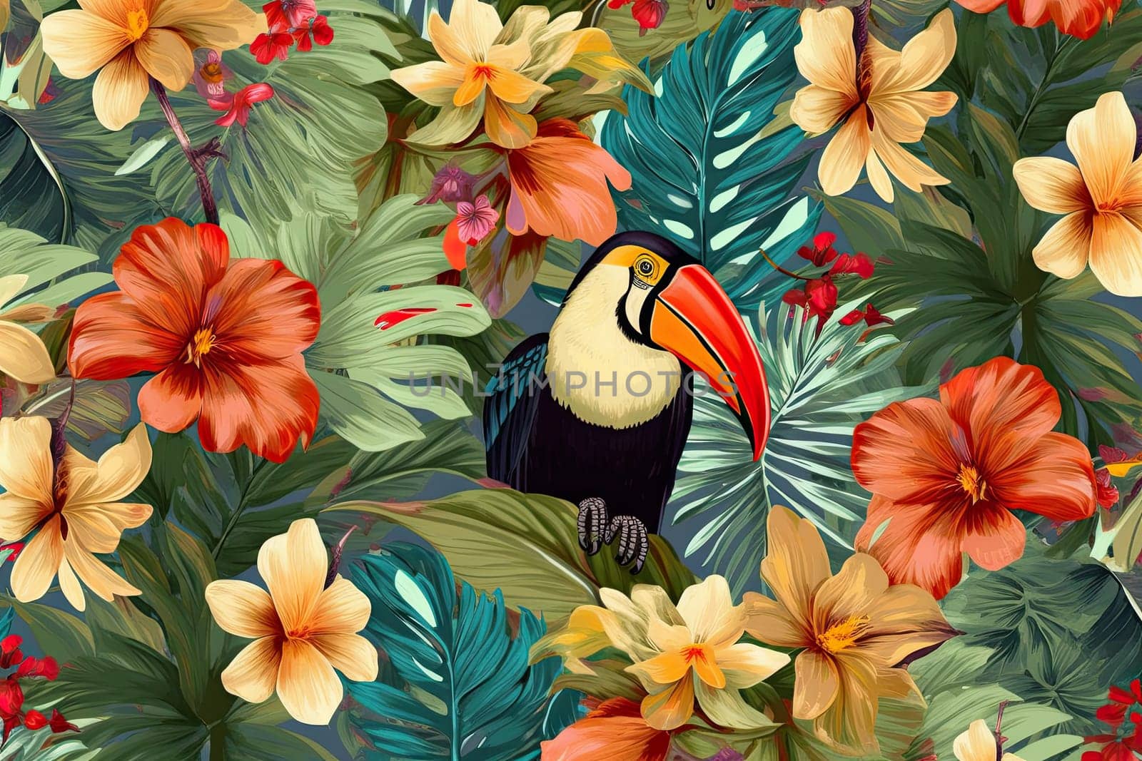 Tropical exotic pattern with animal and flowers in bright colors and lush vegetation. Ai Generative