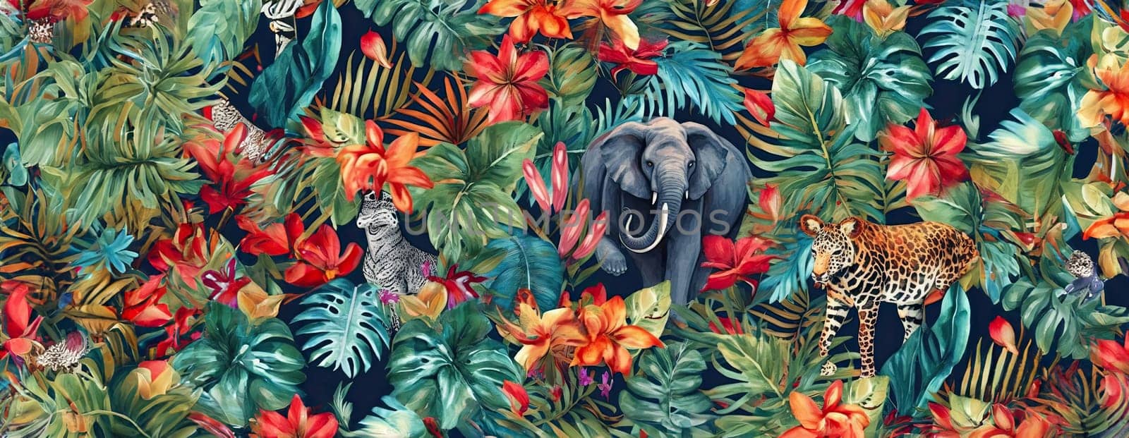 Tropical exotic pattern with animal and flowers in bright colors and lush vegetation. Ai Generative. by Benzoix