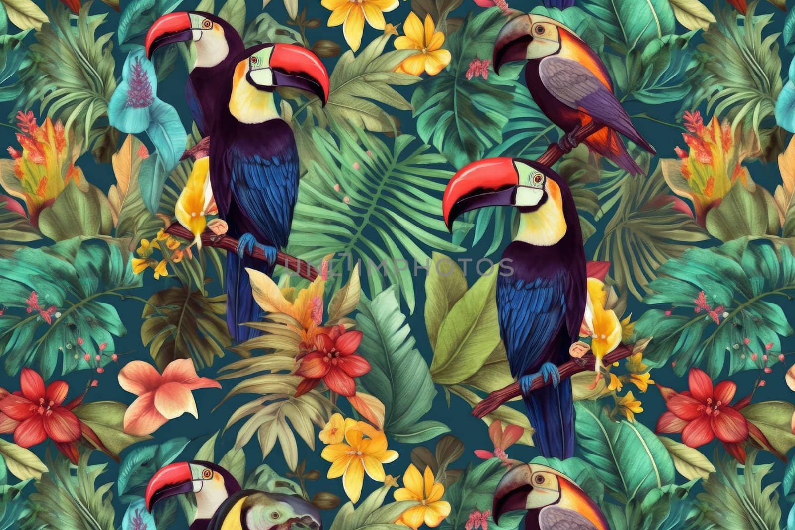 Tropical exotic pattern with animal and flowers in bright colors and lush vegetation. Ai Generative. by Benzoix