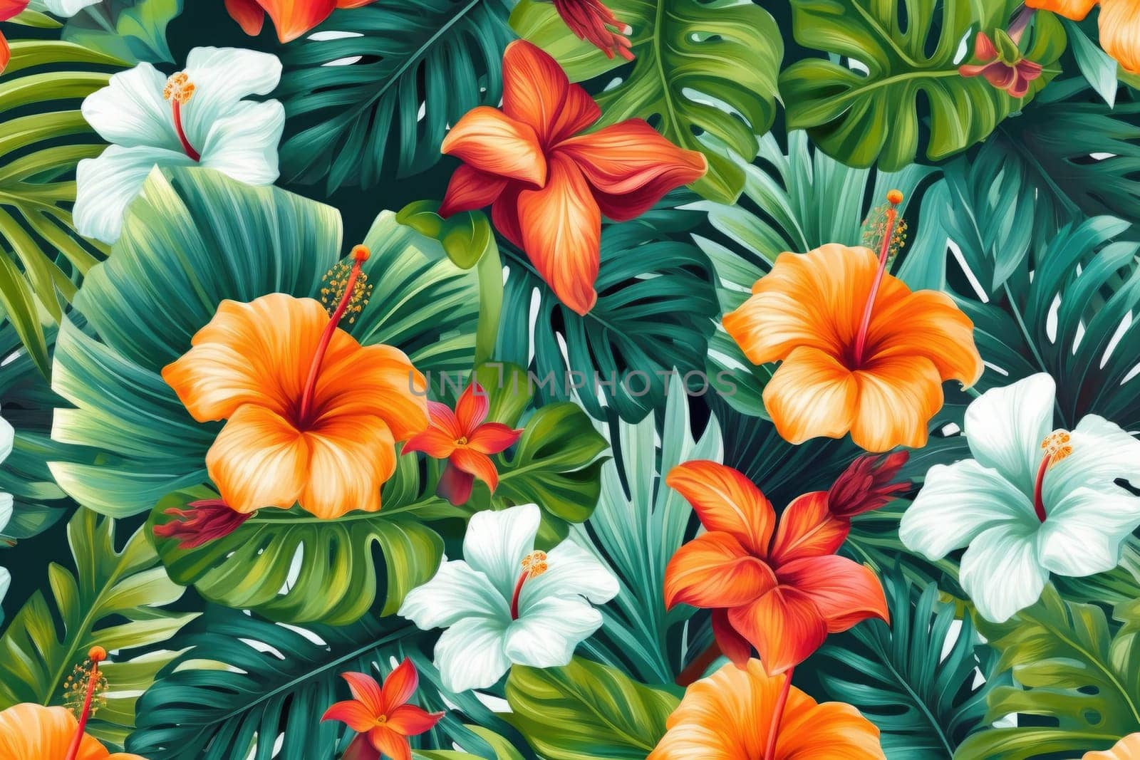 Tropical exotic pattern with animal and flowers in bright colors and lush vegetation. Ai Generative. by Benzoix