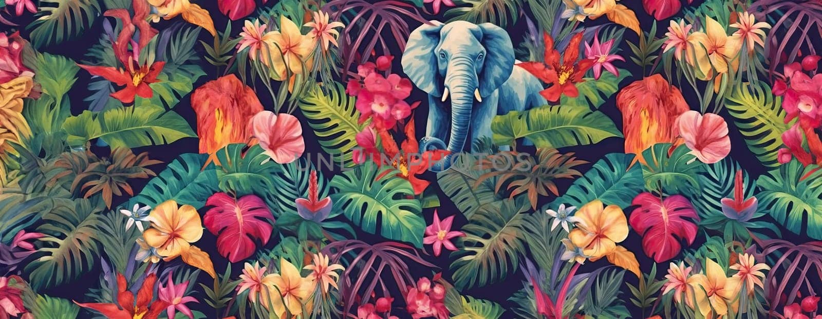 Tropical exotic pattern with animal and flowers in bright colors and lush vegetation. Ai Generative