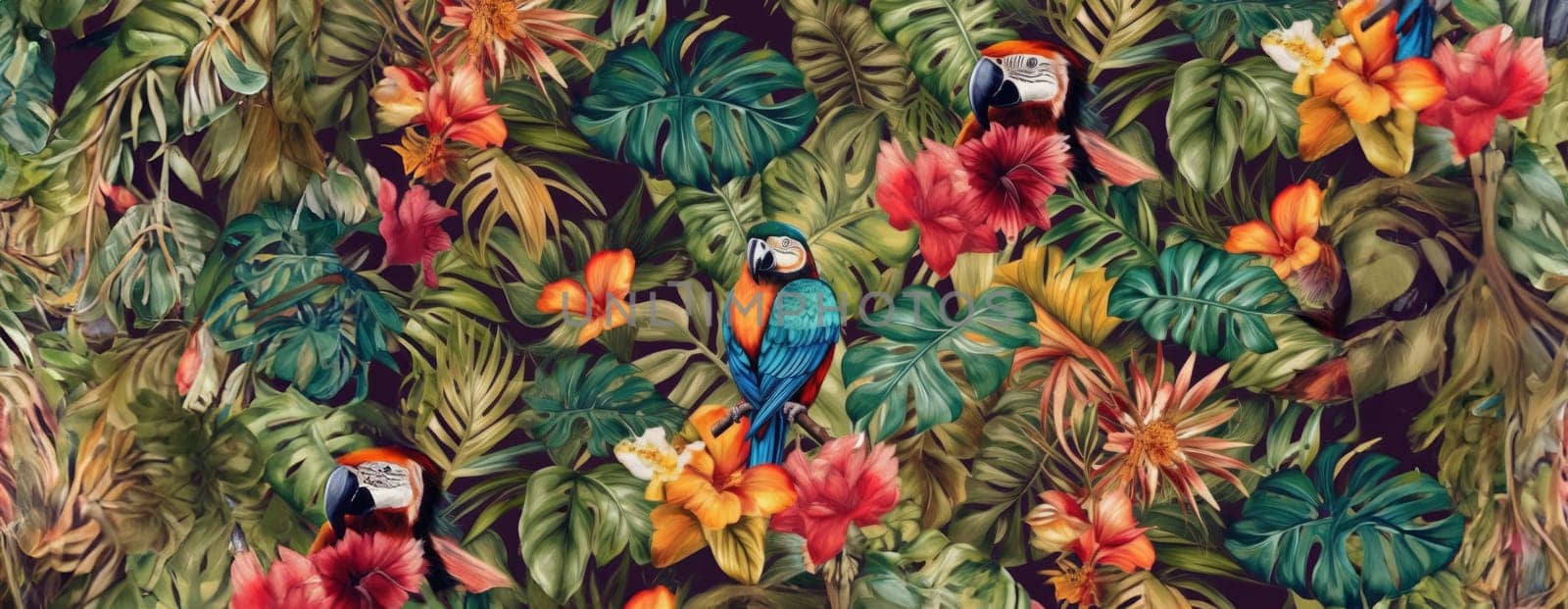 Tropical exotic pattern with animal and flowers in bright colors and lush vegetation. Ai Generative