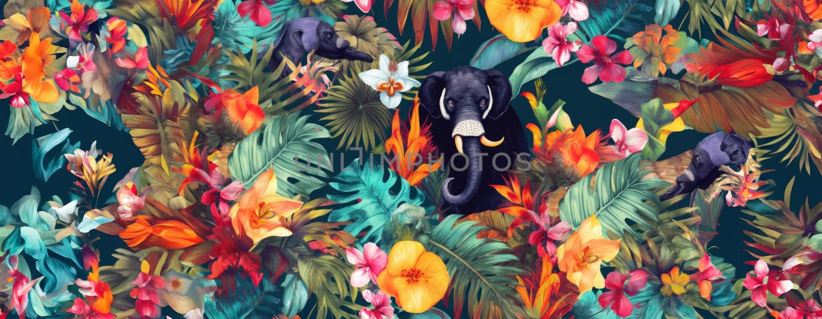 Tropical exotic pattern with animal and flowers in bright colors and lush vegetation. Ai Generative. by Benzoix