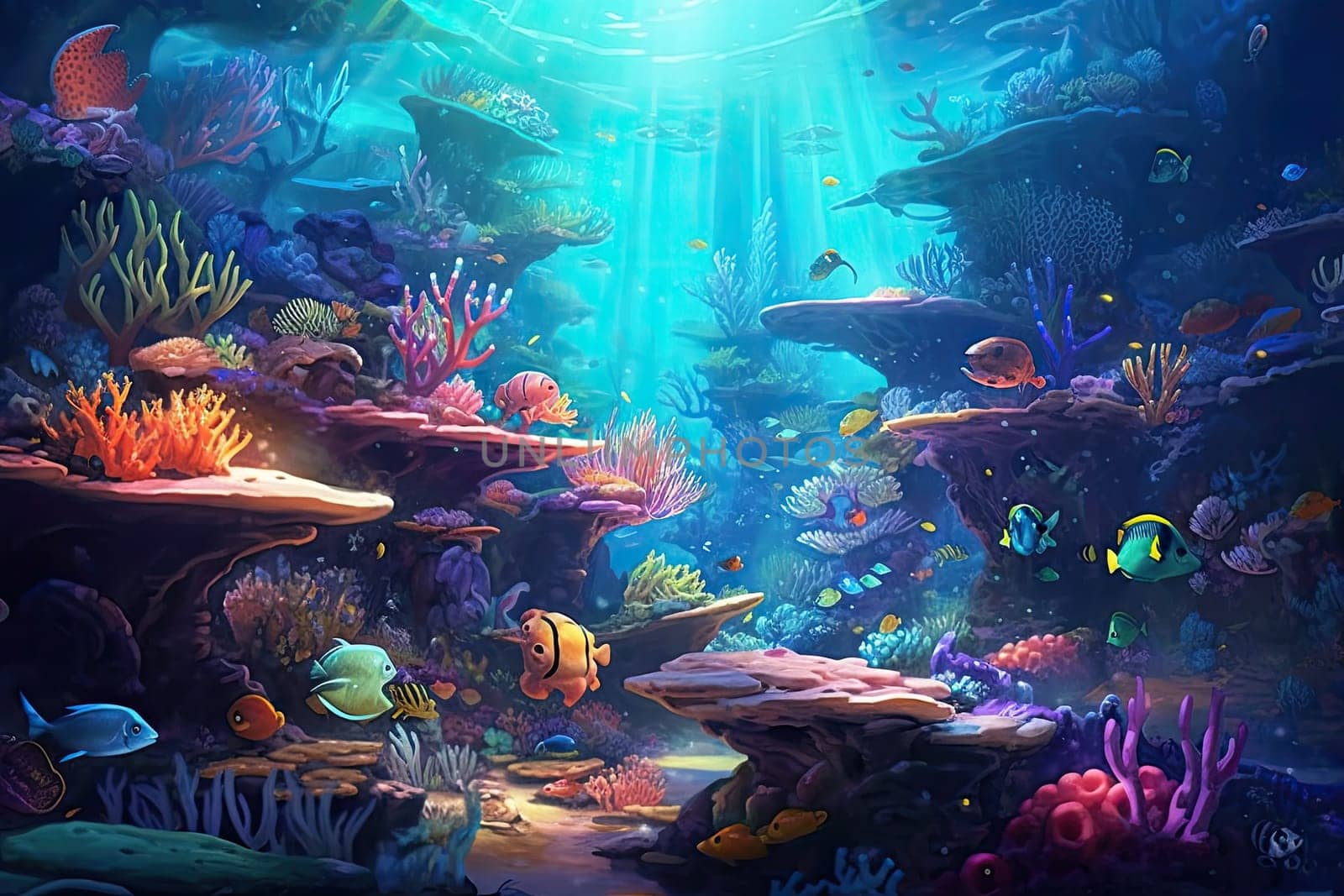 Tropical sea underwater fishes on coral reef. Aquarium oceanarium wildlife colorful marine panorama landscape nature snorkel diving. AI Generative