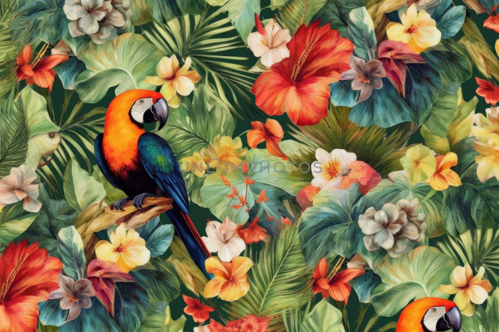 Tropical exotic pattern with animal and flowers in bright colors and lush vegetation. Ai Generative. by Benzoix