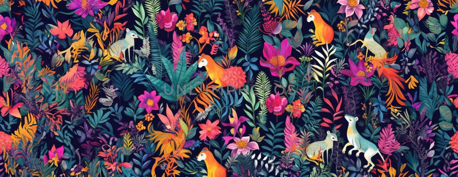 Tropical exotic pattern with animal and flowers in bright colors and lush vegetation. Ai Generative. by Benzoix