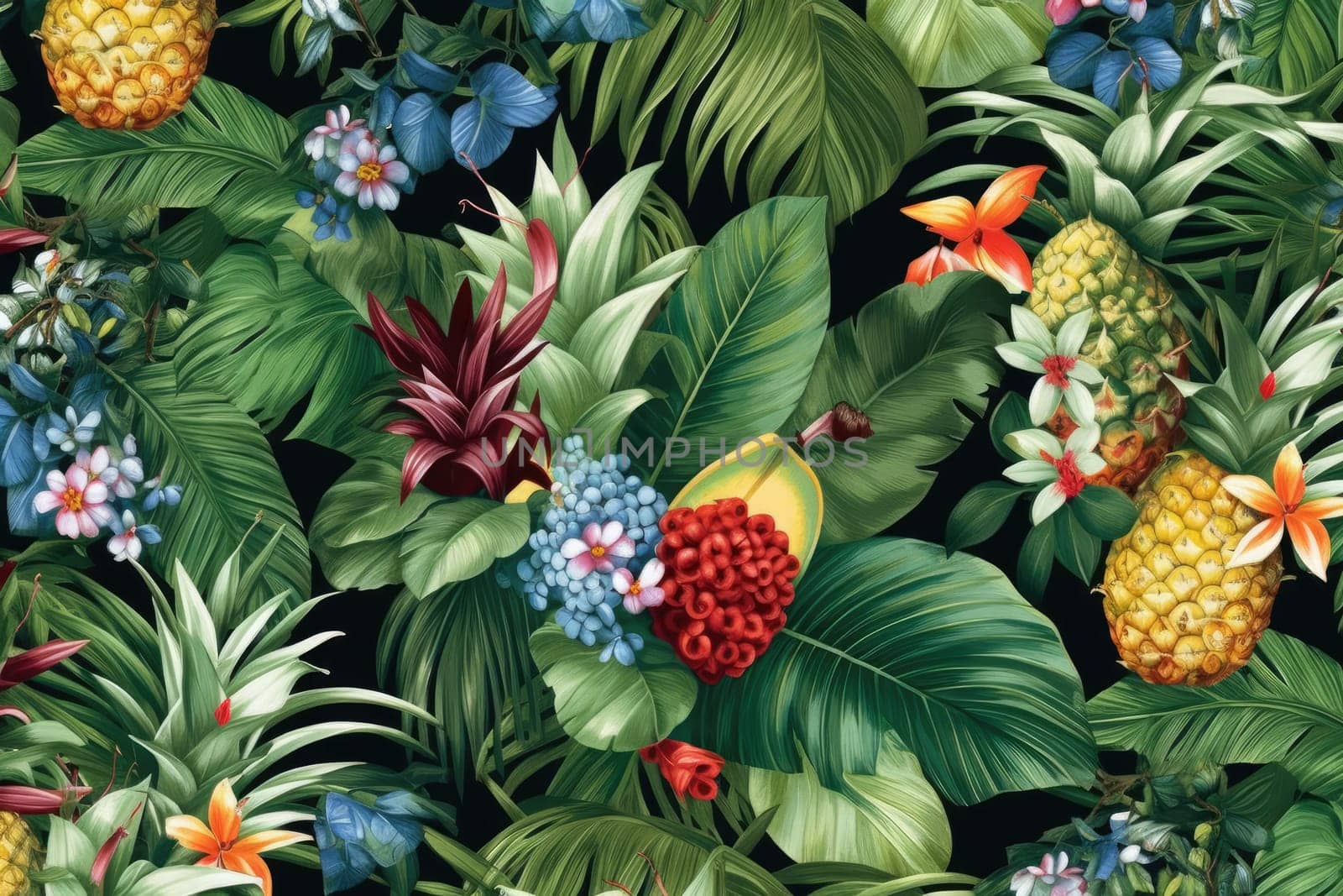 Tropical exotic pattern with animal and flowers in bright colors and lush vegetation. Ai Generative. by Benzoix