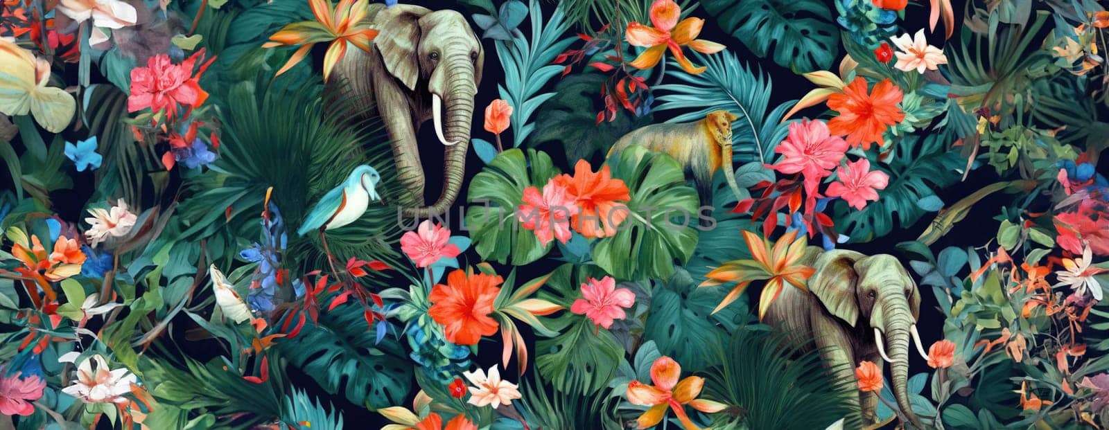 Tropical exotic pattern with animal and flowers in bright colors and lush vegetation. Ai Generative