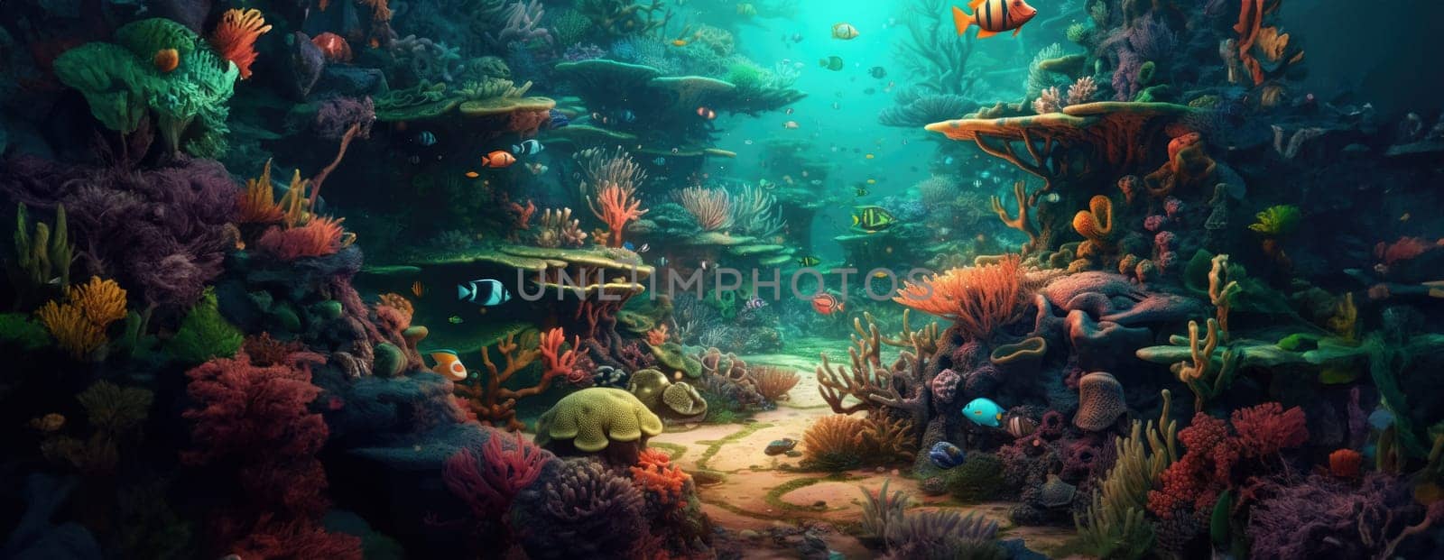 Tropical sea underwater fishes on coral reef. Aquarium oceanarium wildlife colorful marine panorama landscape nature snorkel diving. AI Generative