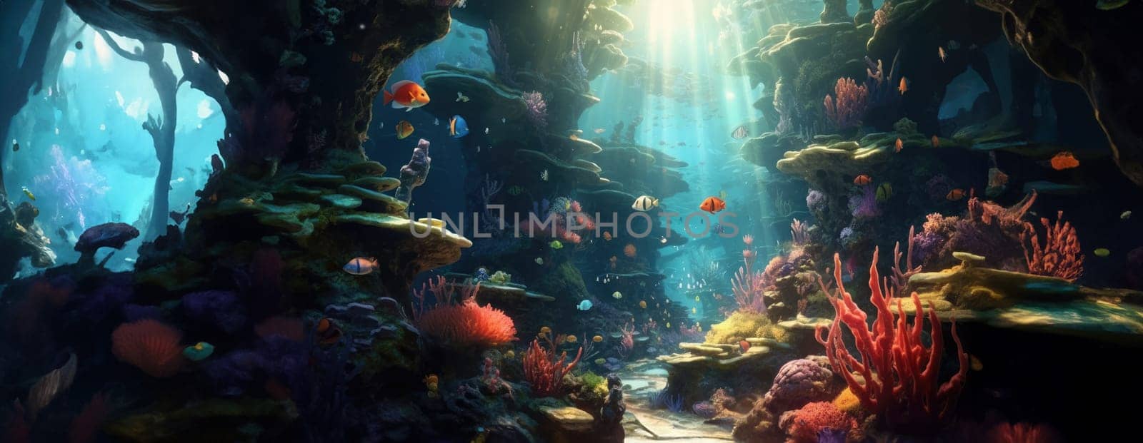 Tropical sea underwater fishes on coral reef. Aquarium oceanarium wildlife colorful marine panorama landscape nature snorkel diving. AI Generative