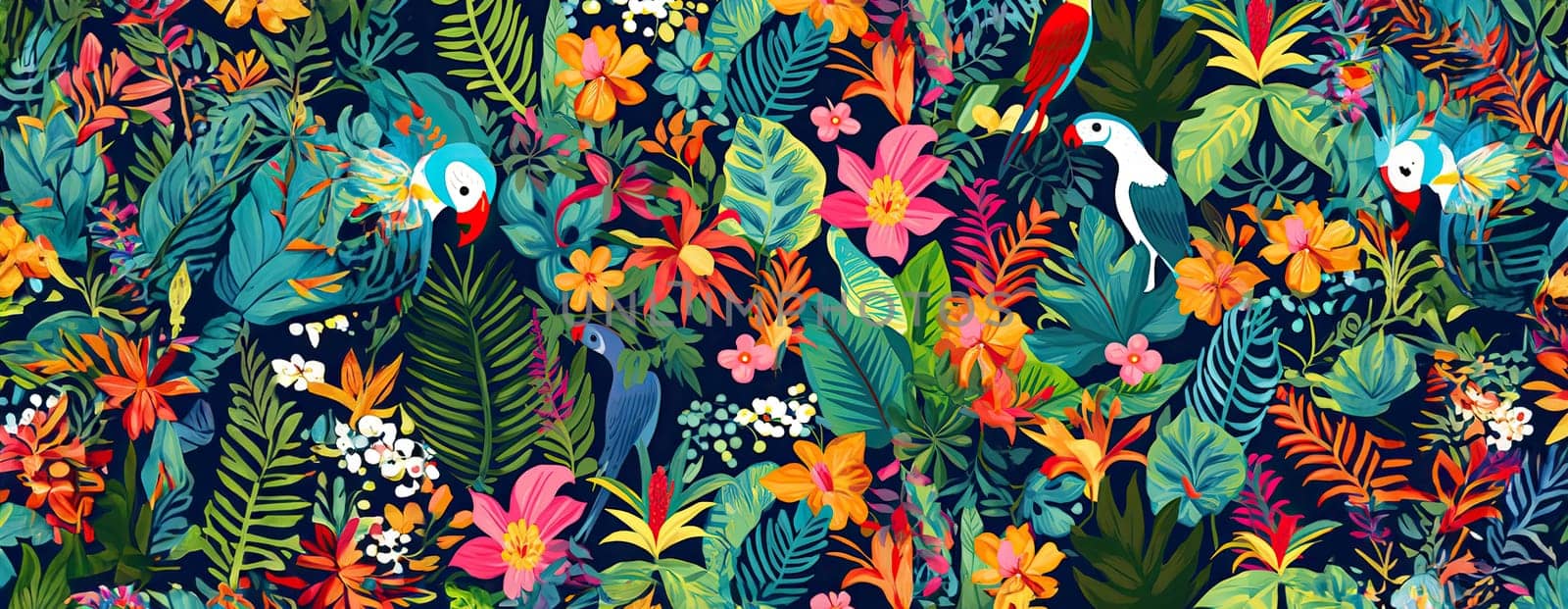 Tropical exotic pattern with animal and flowers in bright colors and lush vegetation. Ai Generative