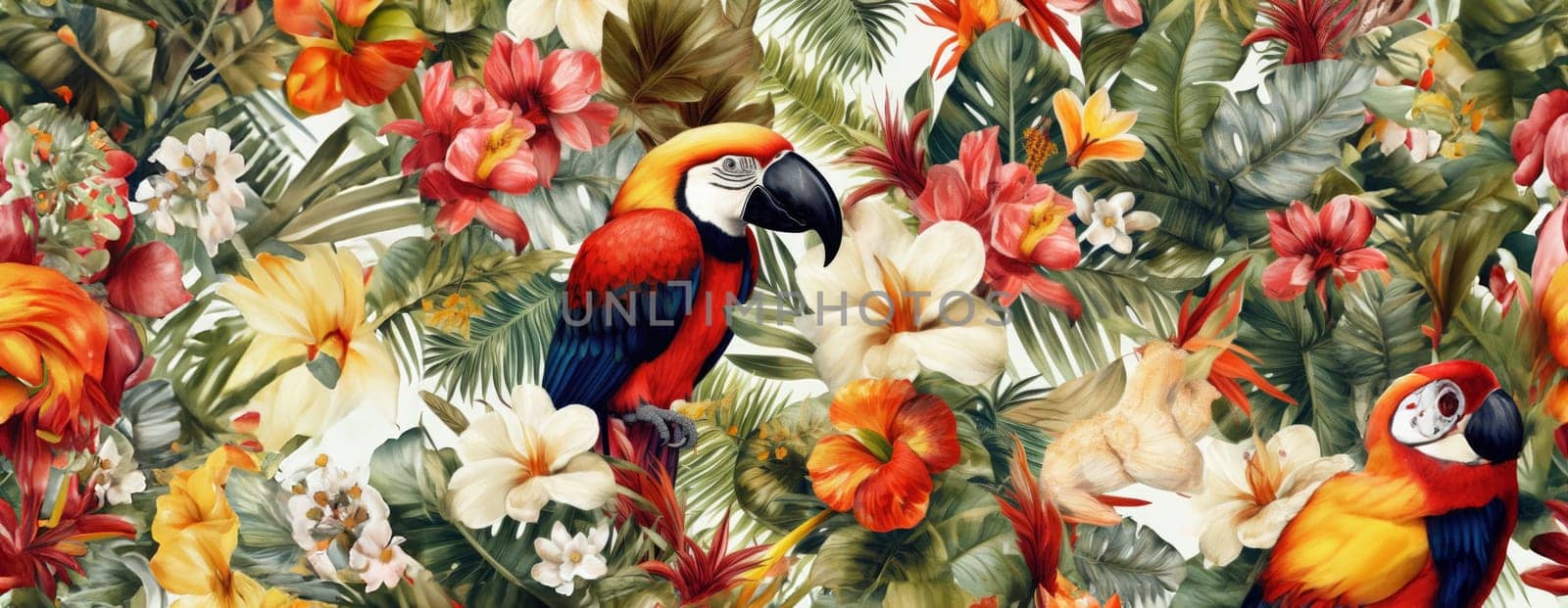 Tropical exotic pattern with animal and flowers in bright colors and lush vegetation. Ai Generative. by Benzoix