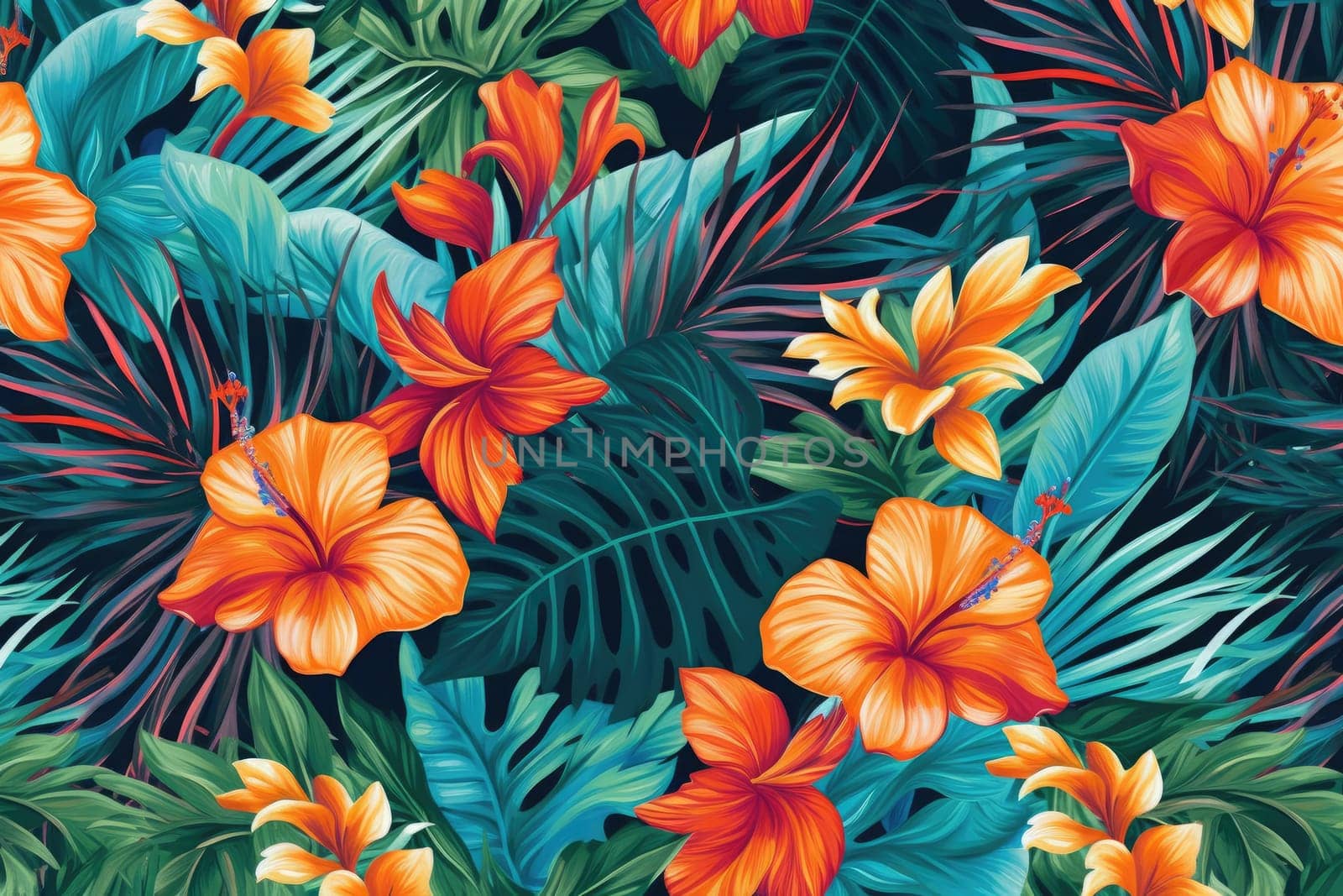 Tropical exotic pattern with animal and flowers in bright colors and lush vegetation. Ai Generative