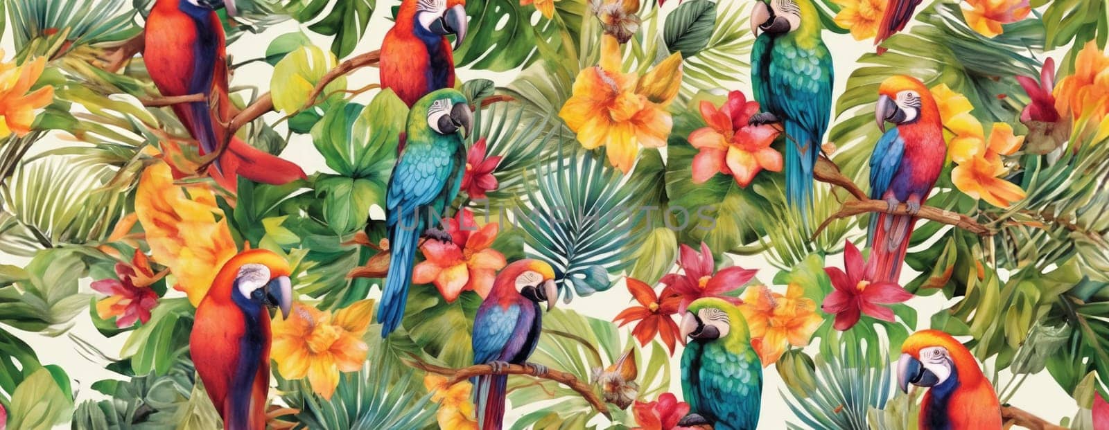 Tropical exotic pattern with animal and flowers in bright colors and lush vegetation. Ai Generative