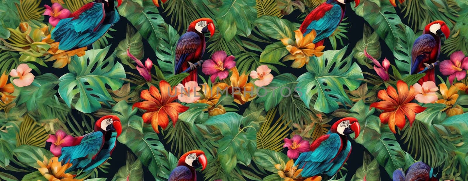 Tropical exotic pattern with animal and flowers in bright colors and lush vegetation. Ai Generative