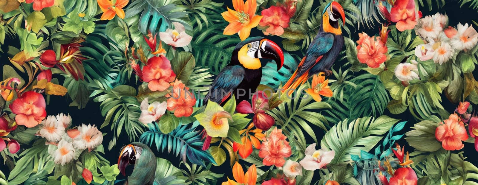 Tropical exotic pattern with animal and flowers in bright colors and lush vegetation. Ai Generative. by Benzoix