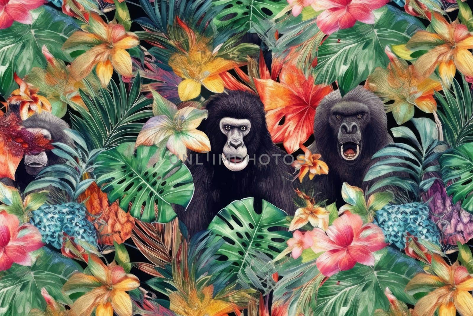 Tropical exotic pattern with animal and flowers in bright colors and lush vegetation. Ai Generative