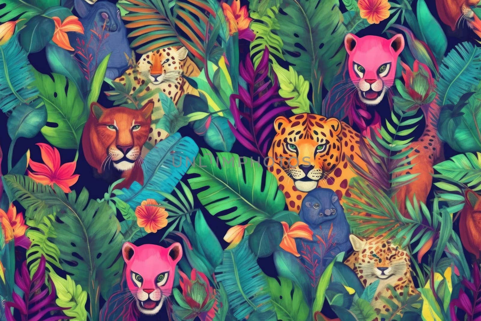 Tropical exotic pattern with animal and flowers in bright colors and lush vegetation. Ai Generative