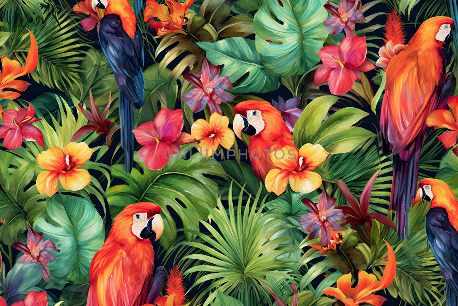 Tropical exotic pattern with animal and flowers in bright colors and lush vegetation. Ai Generative