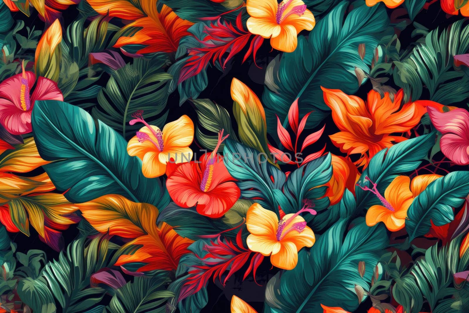 Tropical exotic pattern with animal and flowers in bright colors and lush vegetation. Ai Generative