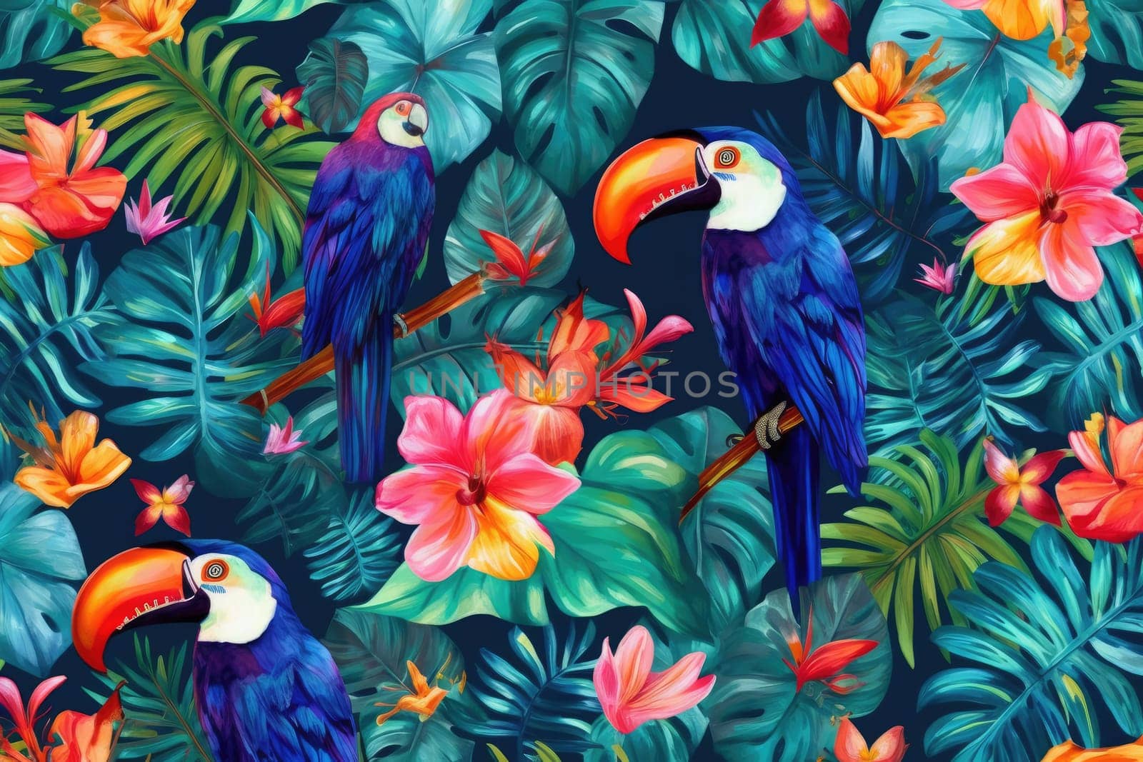 Tropical exotic pattern with animal and flowers in bright colors and lush vegetation. Ai Generative