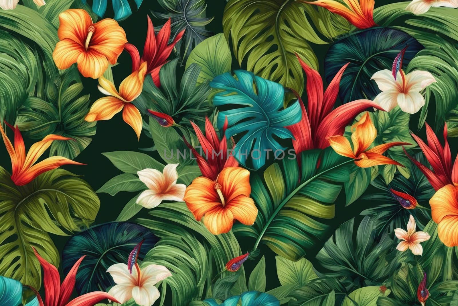 Tropical exotic pattern with animal and flowers in bright colors and lush vegetation. Ai Generative