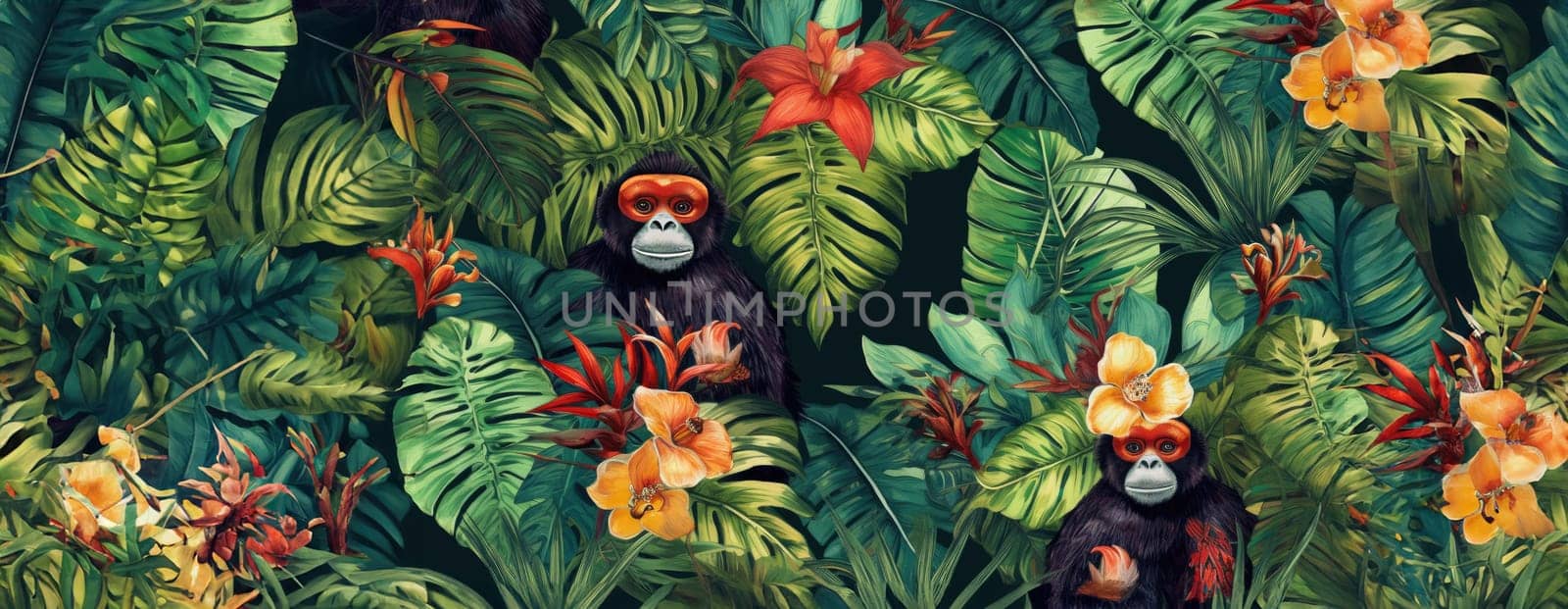 Tropical exotic pattern with animal and flowers in bright colors and lush vegetation. Ai Generative. by Benzoix