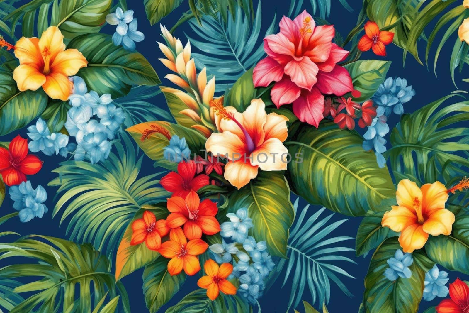 Tropical exotic pattern with animal and flowers in bright colors and lush vegetation. Ai Generative