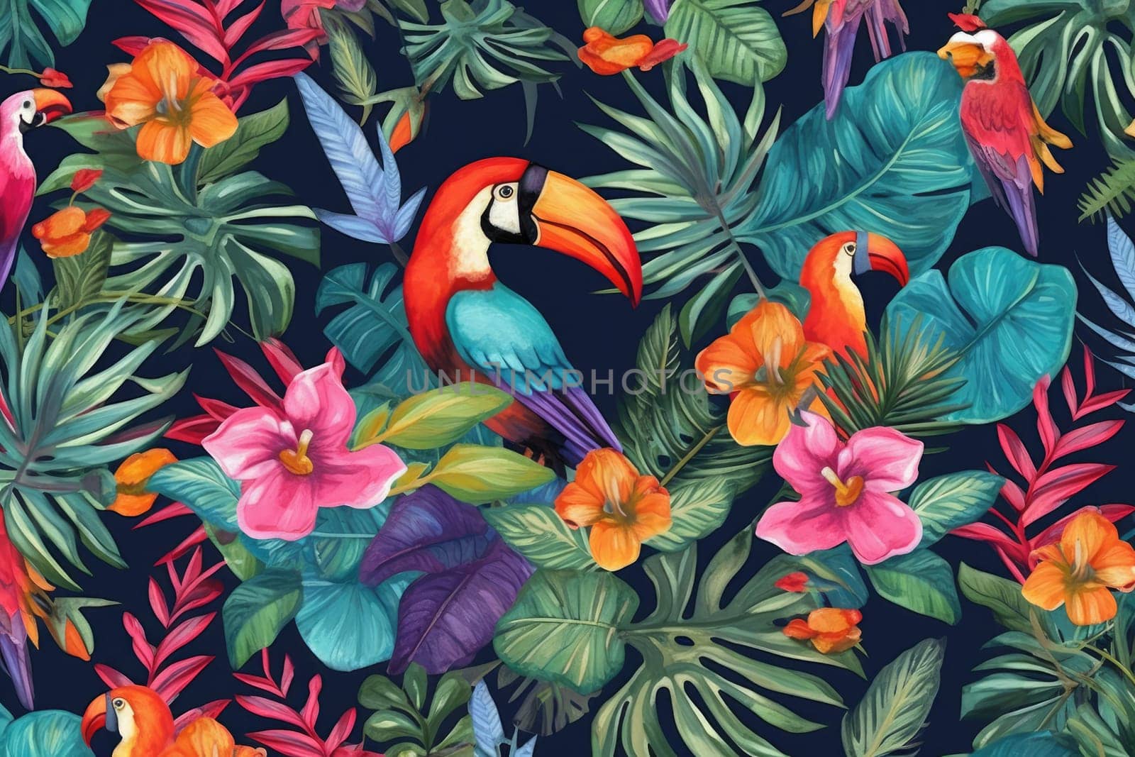 Tropical exotic pattern with animal and flowers in bright colors and lush vegetation. Ai Generative