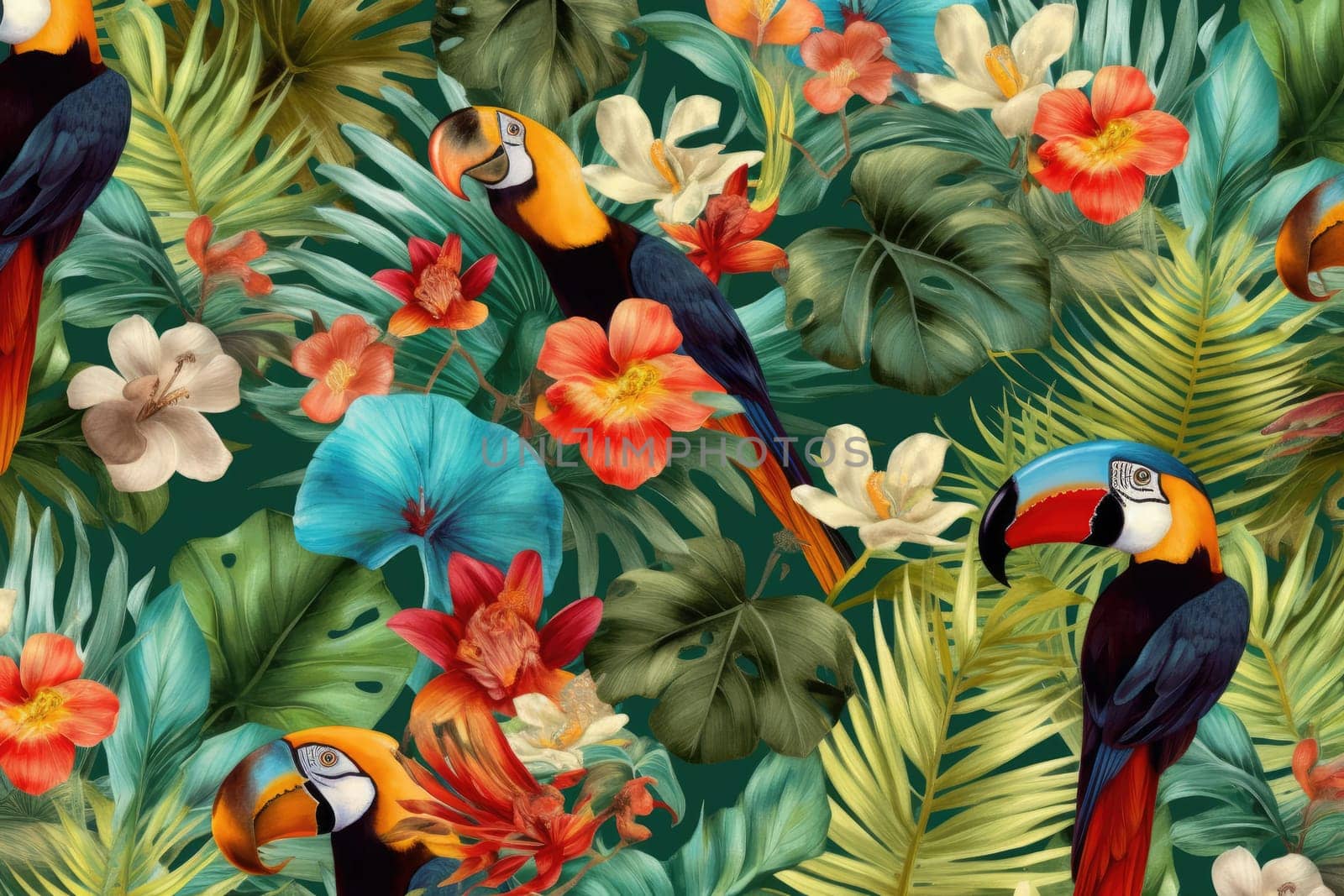 Tropical exotic pattern with animal and flowers in bright colors and lush vegetation. Ai Generative