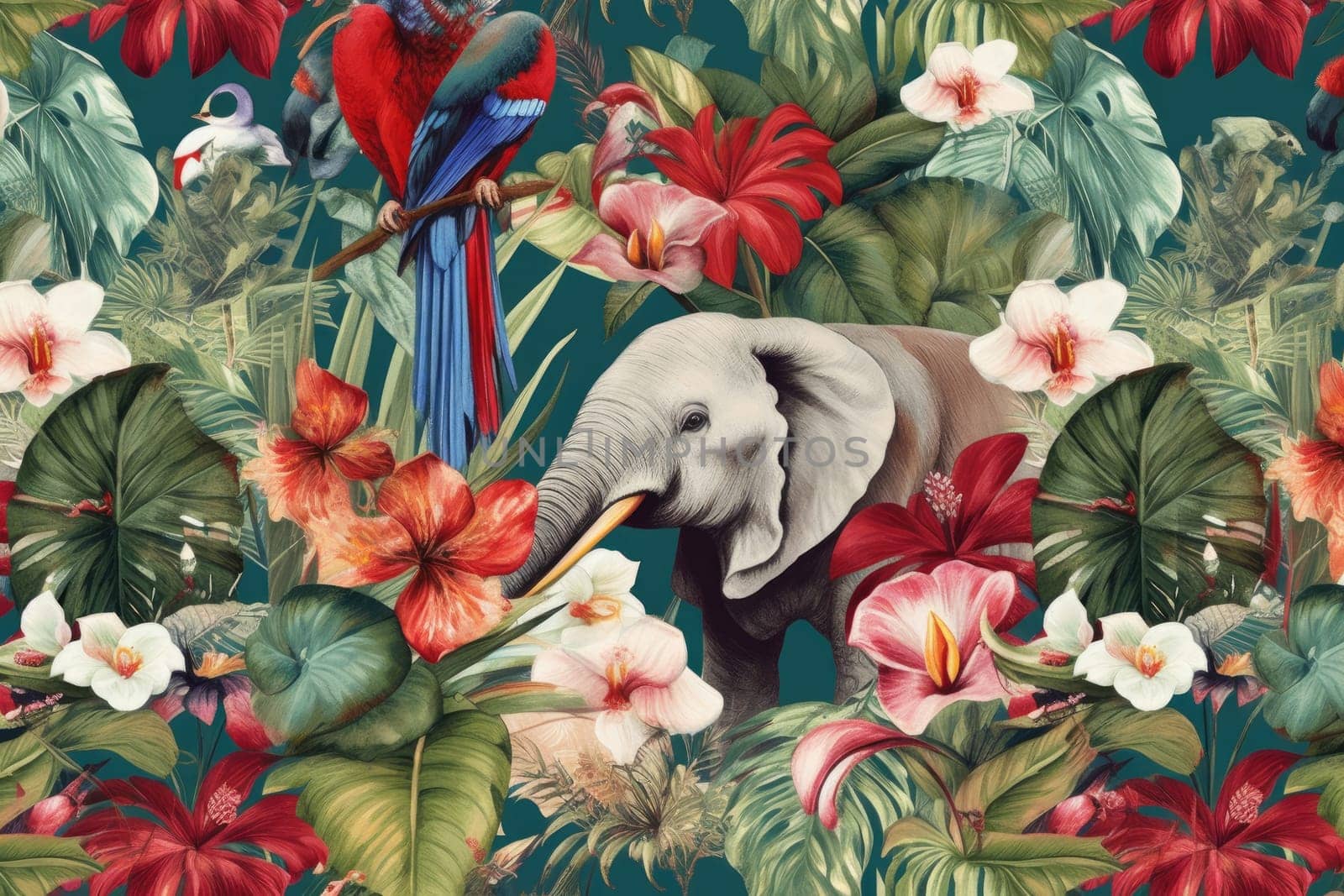 Tropical exotic pattern with animal and flowers in bright colors and lush vegetation. Ai Generative