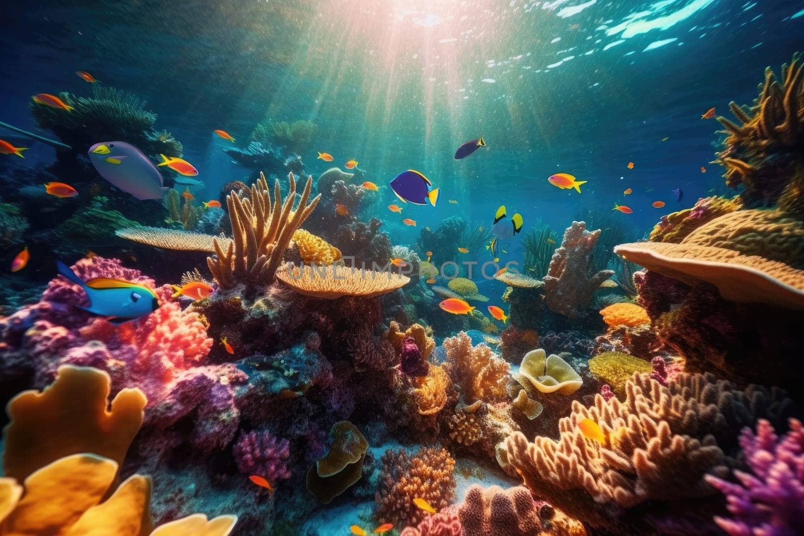 Tropical sea underwater fishes on coral reef. Aquarium oceanarium wildlife colorful marine panorama landscape nature snorkel diving. AI Generative