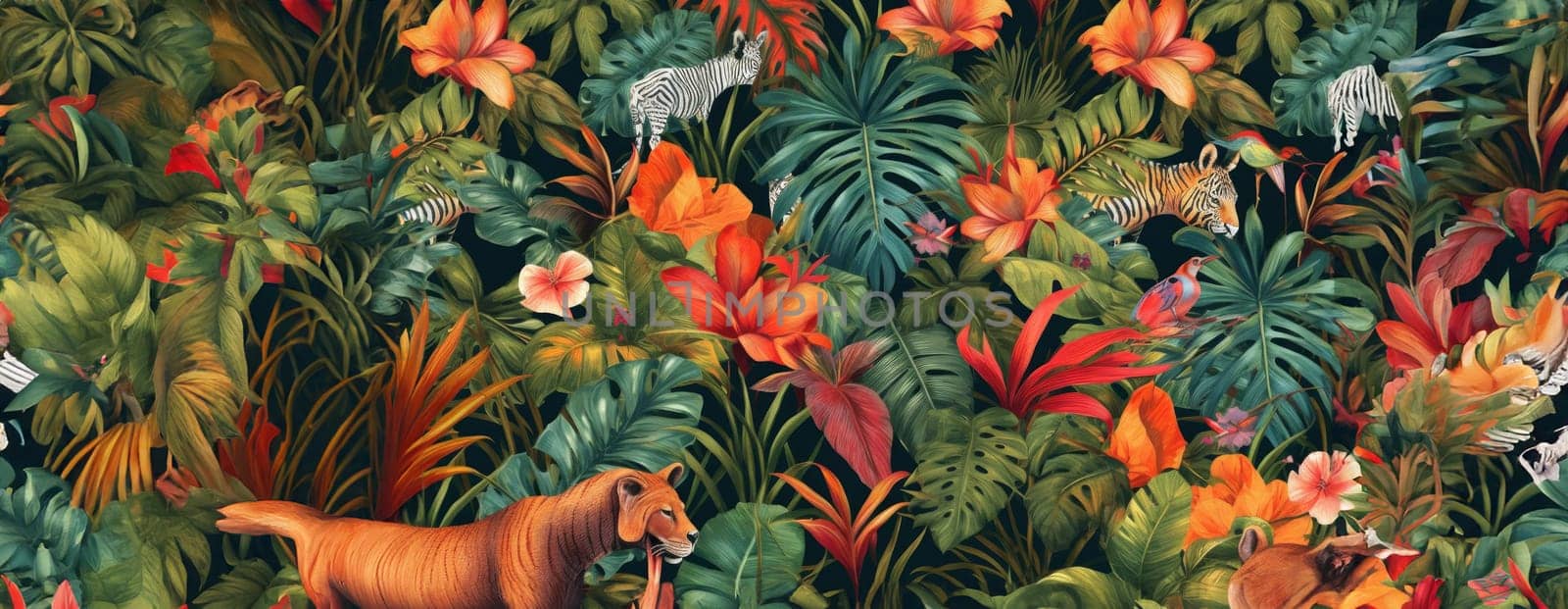 Tropical exotic pattern with animal and flowers in bright colors and lush vegetation. Ai Generative