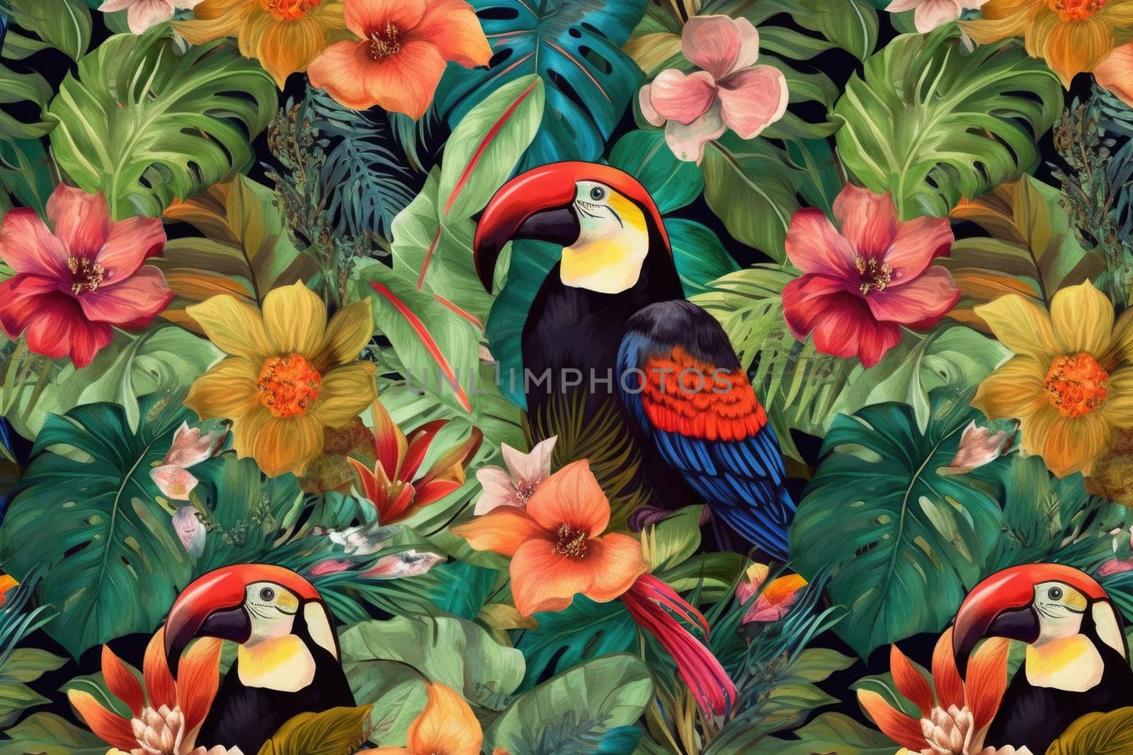 Tropical exotic pattern with animal and flowers in bright colors and lush vegetation. Ai Generative