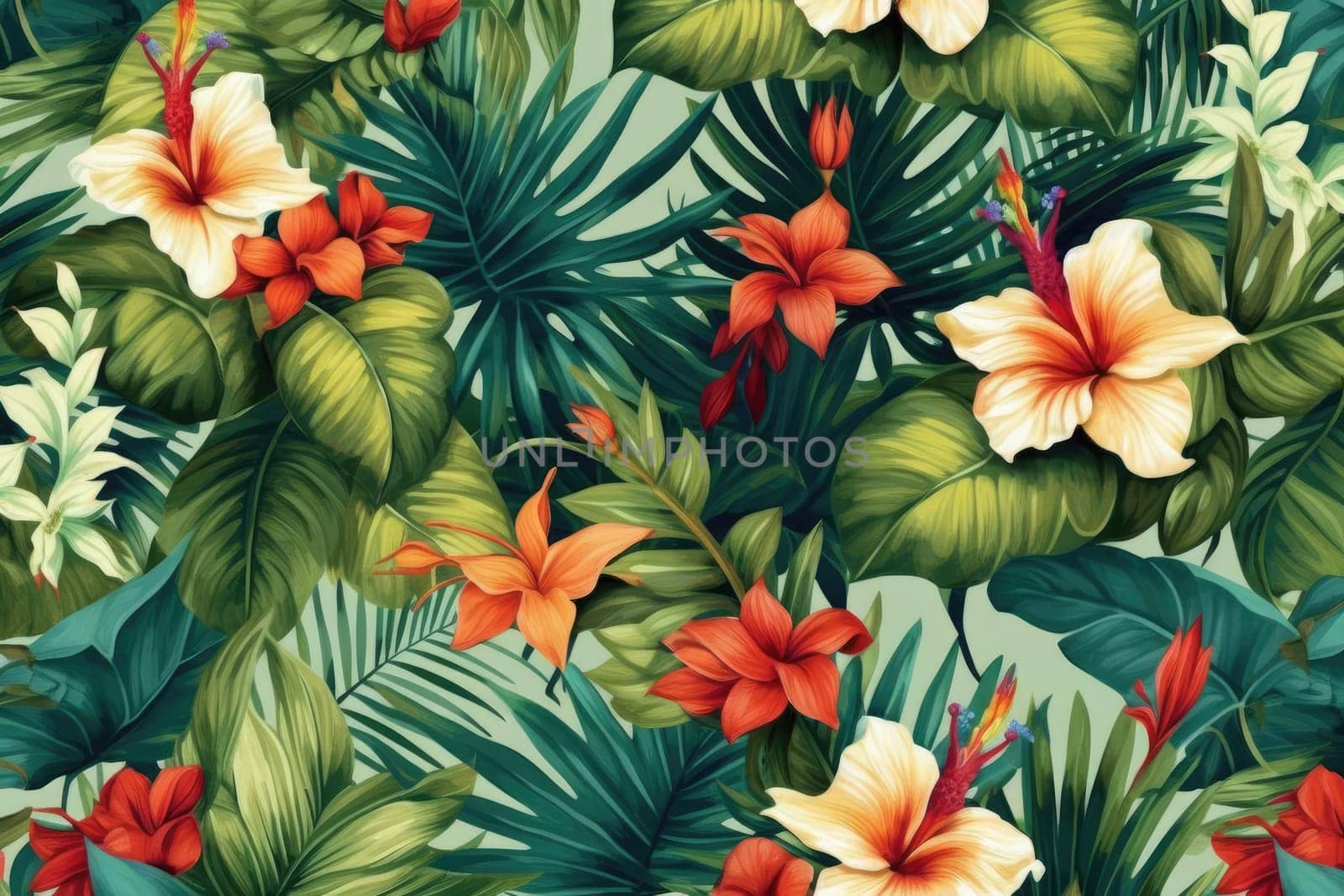 Tropical exotic pattern with animal and flowers in bright colors and lush vegetation. Ai Generative