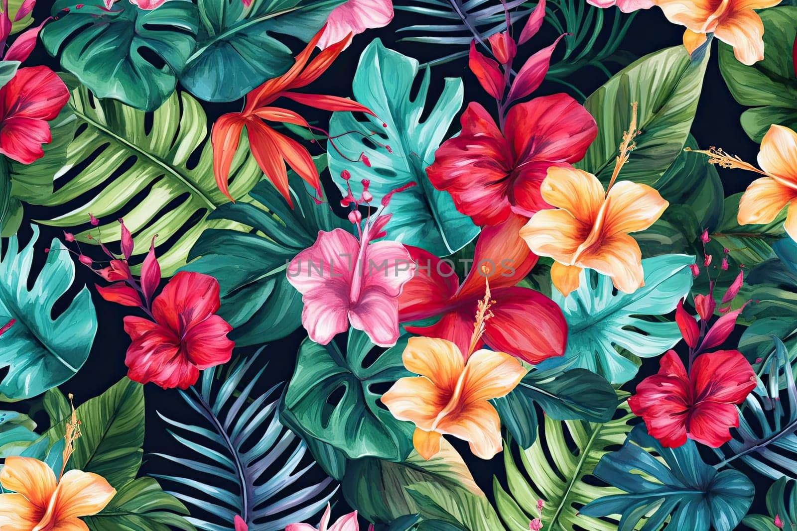 Tropical exotic pattern with animal and flowers in bright colors and lush vegetation. Ai Generative