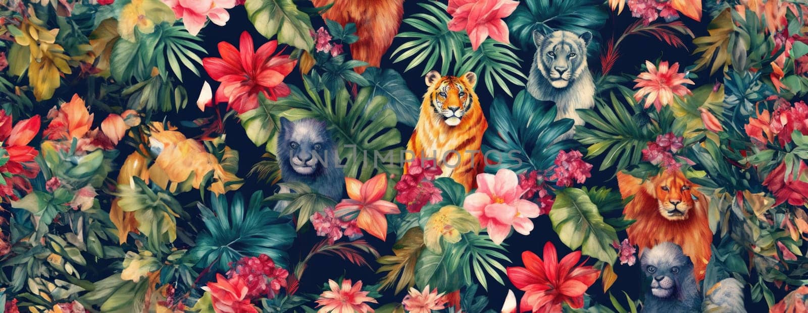 Tropical exotic pattern with animal and flowers in bright colors and lush vegetation. Ai Generative