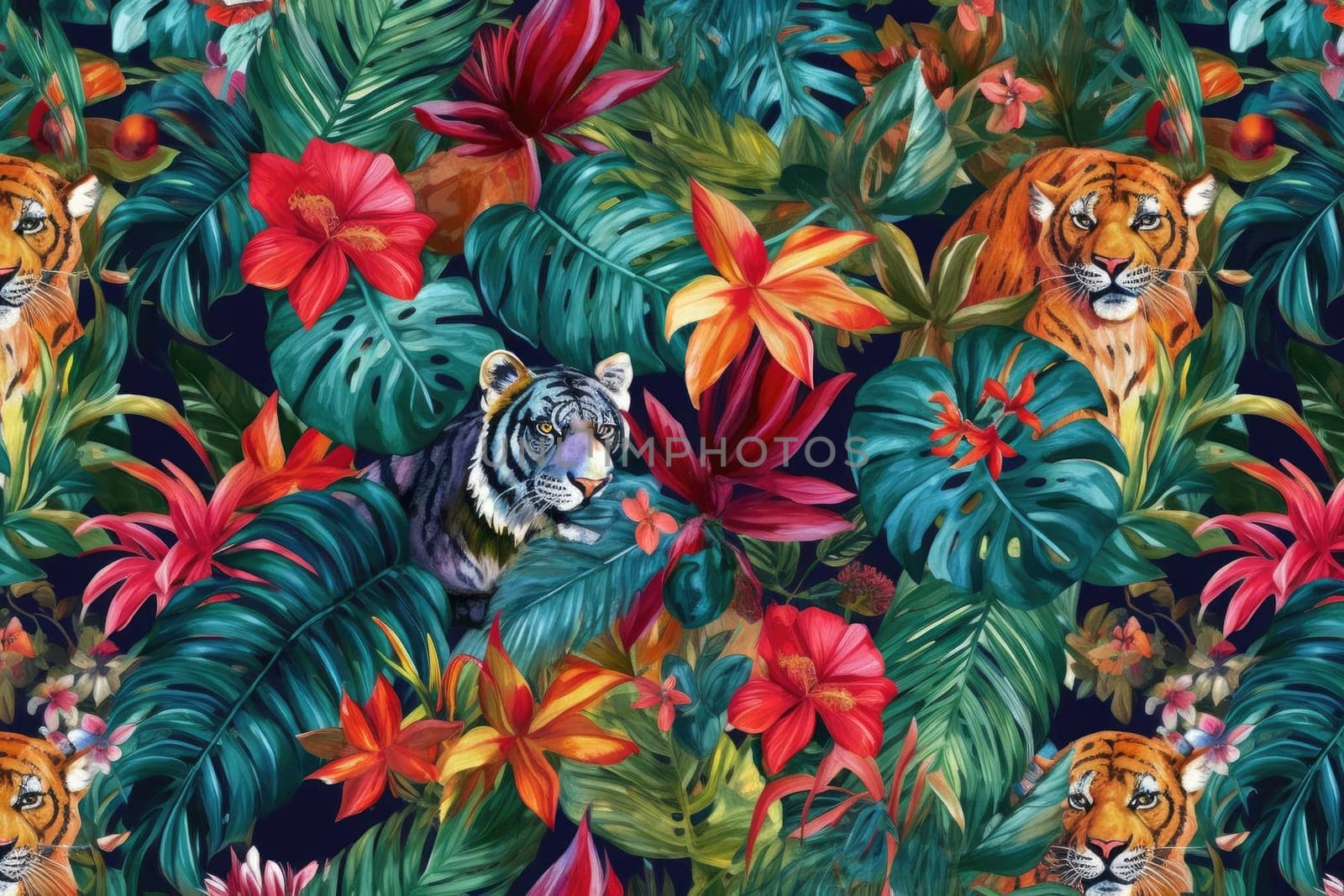 Tropical exotic pattern with animal and flowers in bright colors and lush vegetation. Ai Generative