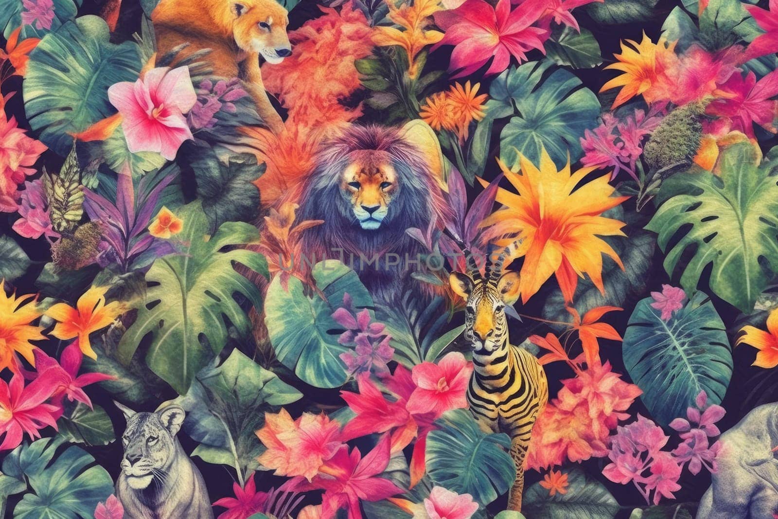 Tropical exotic pattern with animal and flowers in bright colors and lush vegetation. Ai Generative