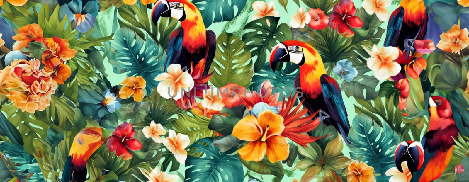 Tropical exotic pattern with animal and flowers in bright colors and lush vegetation. Ai Generative. by Benzoix