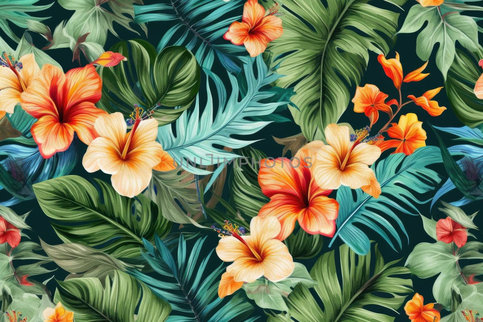 Tropical exotic pattern with animal and flowers in bright colors and lush vegetation. Ai Generative