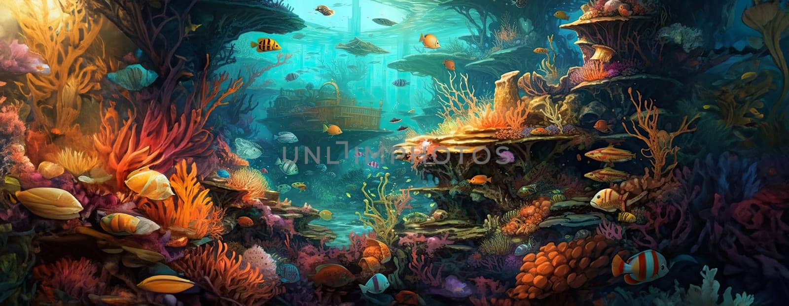 Tropical sea underwater fishes on coral reef. Aquarium oceanarium wildlife colorful marine panorama landscape nature snorkel diving. AI Generative