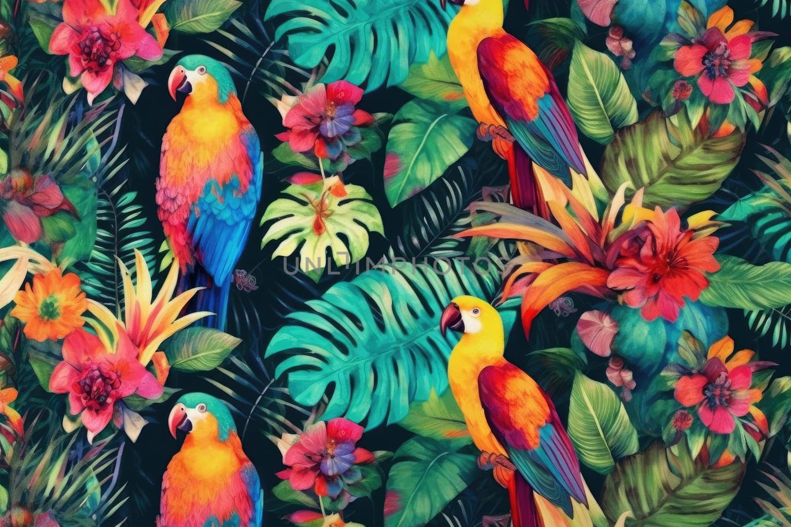 Tropical exotic pattern with animal and flowers in bright colors and lush vegetation. Ai Generative