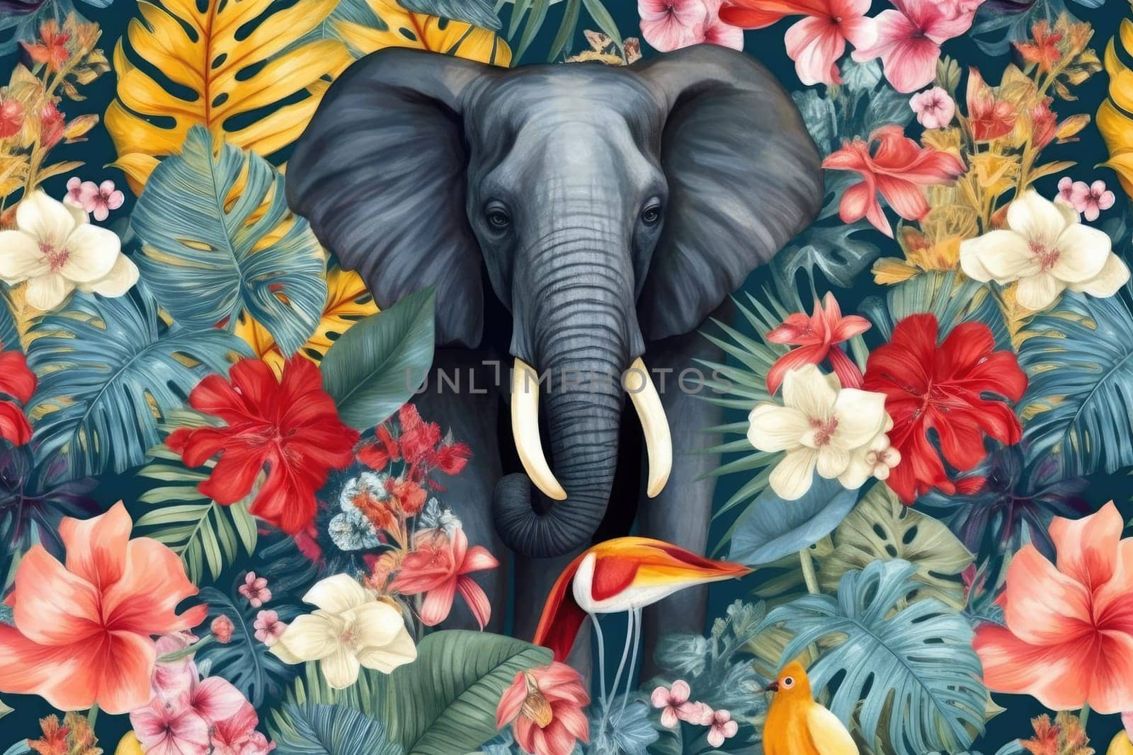 Tropical exotic pattern with animal and flowers in bright colors and lush vegetation. Ai Generative