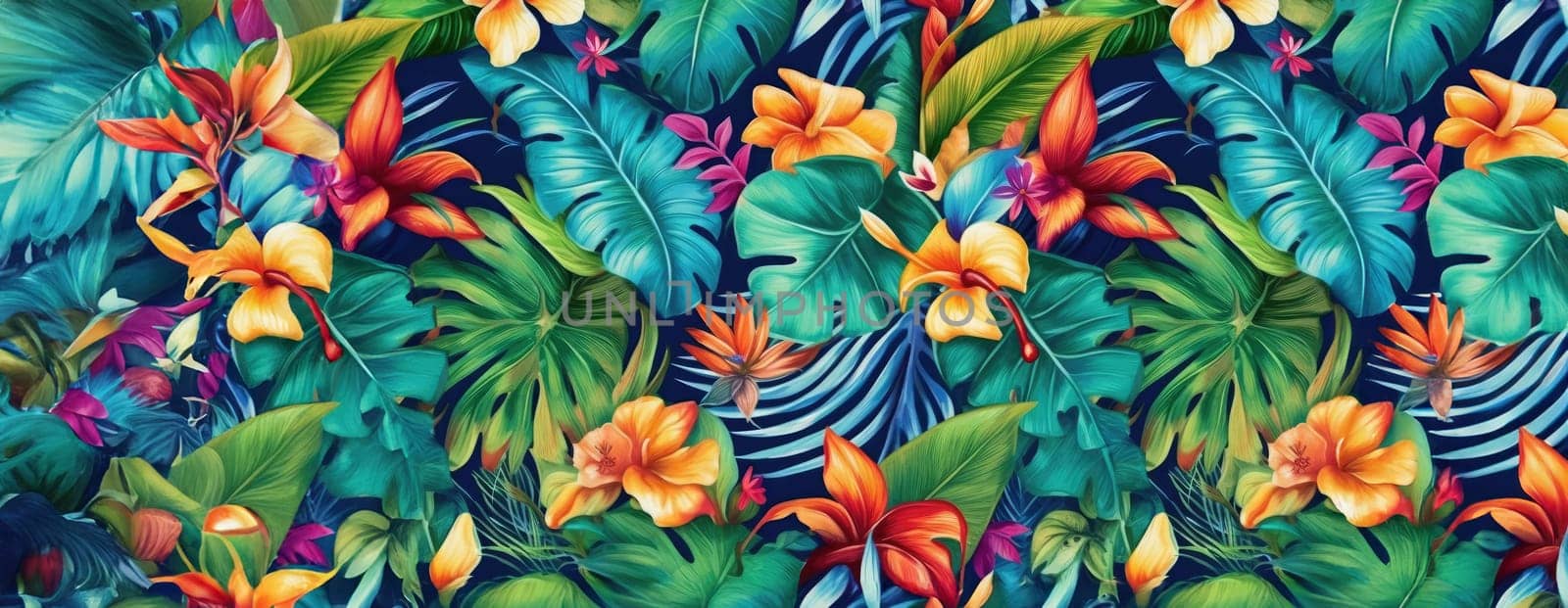 Tropical exotic pattern with animal and flowers in bright colors and lush vegetation. Ai Generative