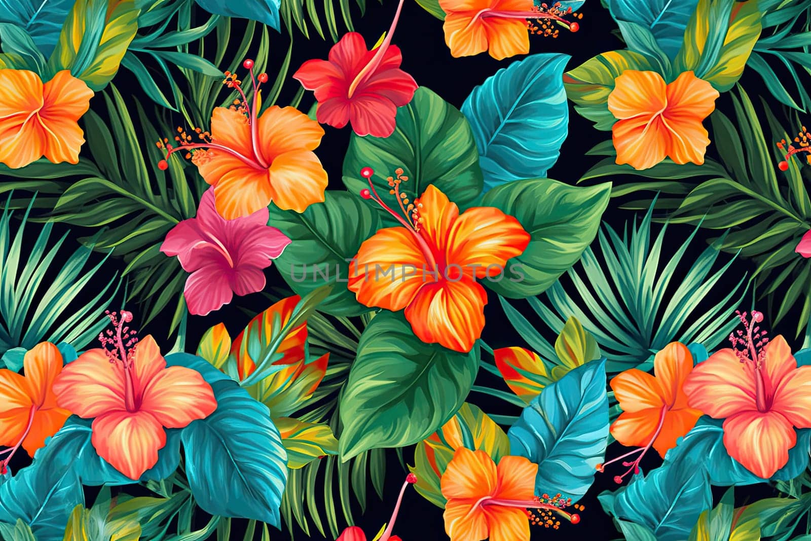 Tropical exotic pattern with animal and flowers in bright colors and lush vegetation. Ai Generative