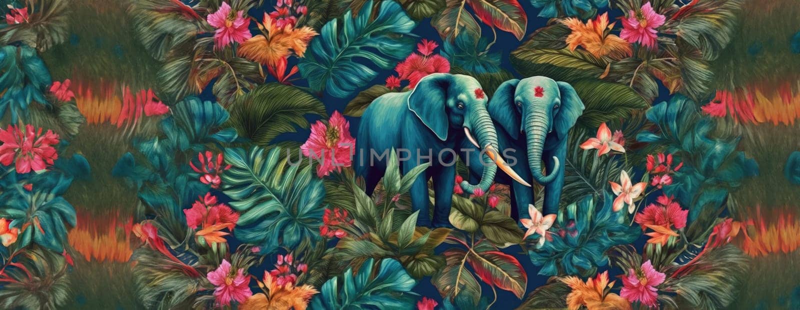 Tropical exotic pattern with animal and flowers in bright colors and lush vegetation. Ai Generative