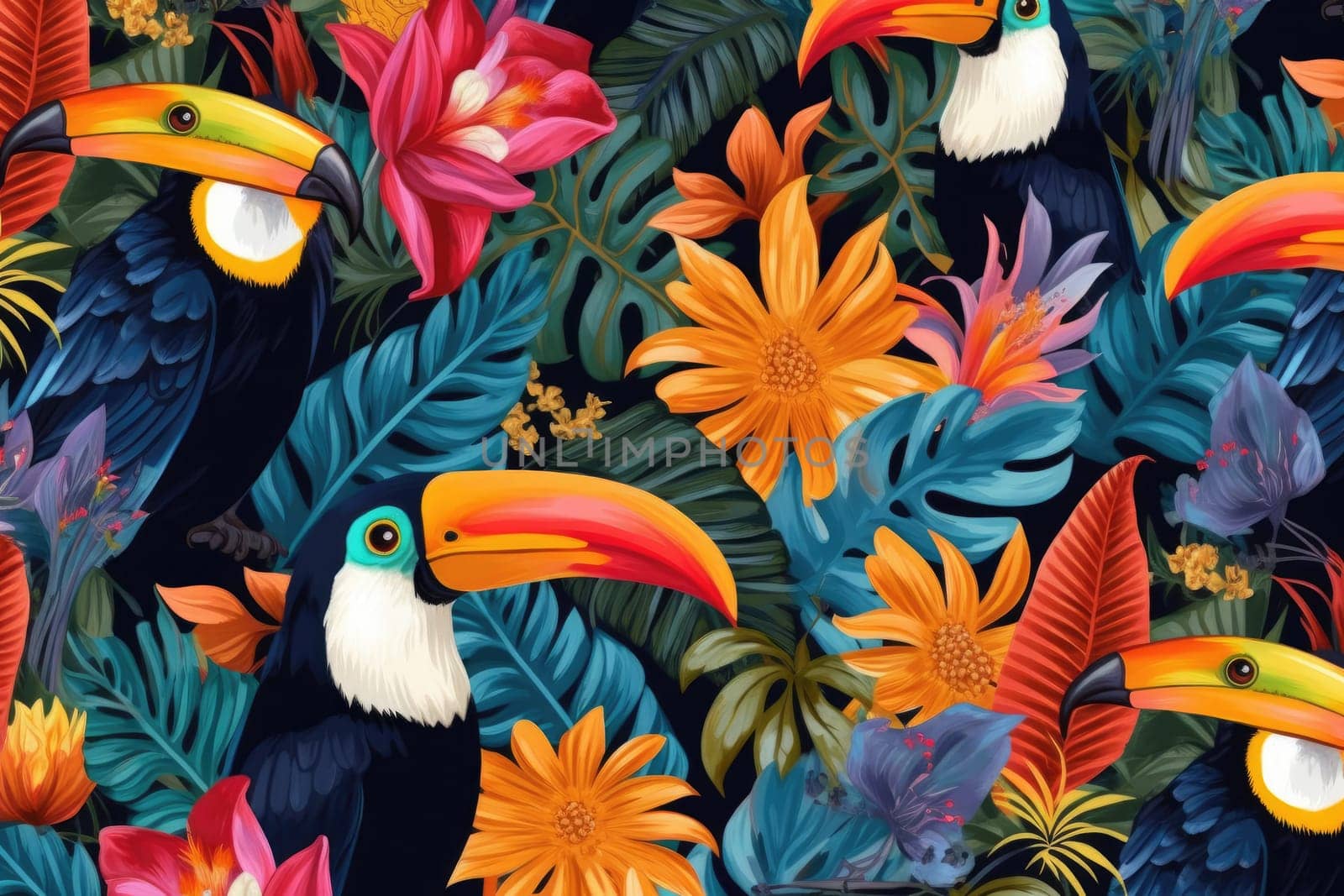 Tropical exotic pattern with animal and flowers in bright colors and lush vegetation. Ai Generative