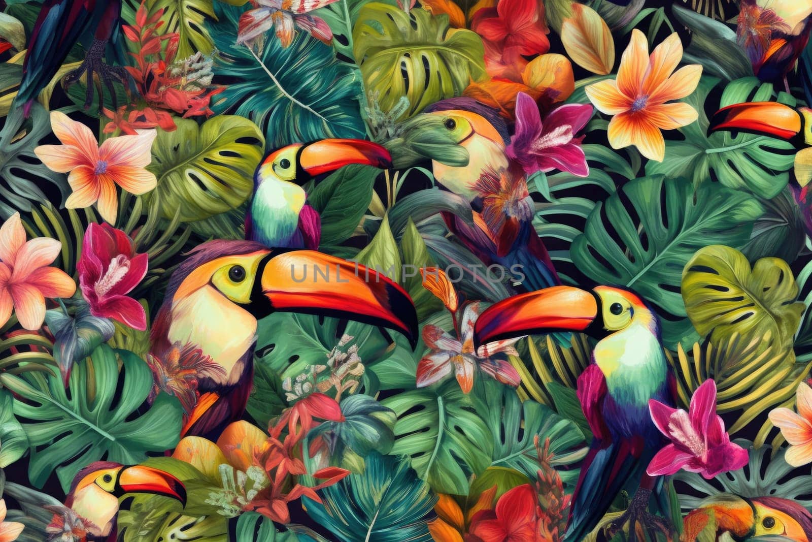 Tropical exotic pattern with animal and flowers in bright colors and lush vegetation. Ai Generative