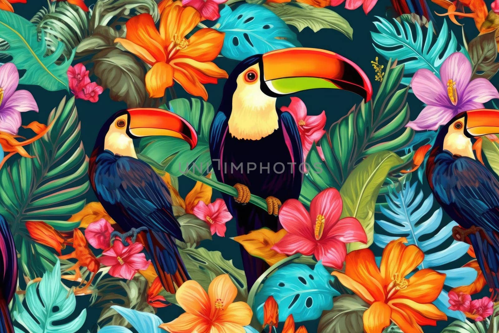 Tropical exotic pattern with animal and flowers in bright colors and lush vegetation. Ai Generative